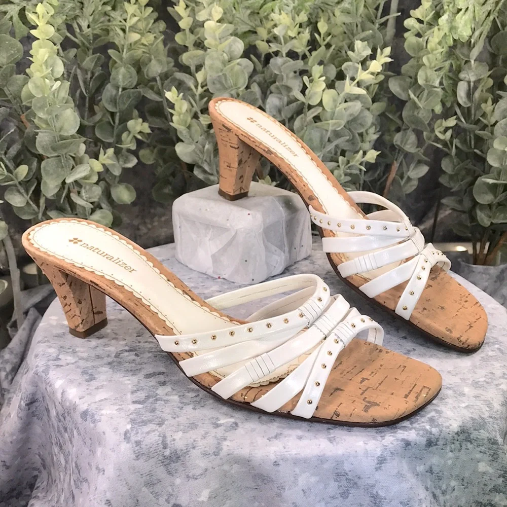 Naturalizer Sana White Banded 2.5” Cork Heels Women’s 8.5M narrow comfortable - Picture 1 of 12